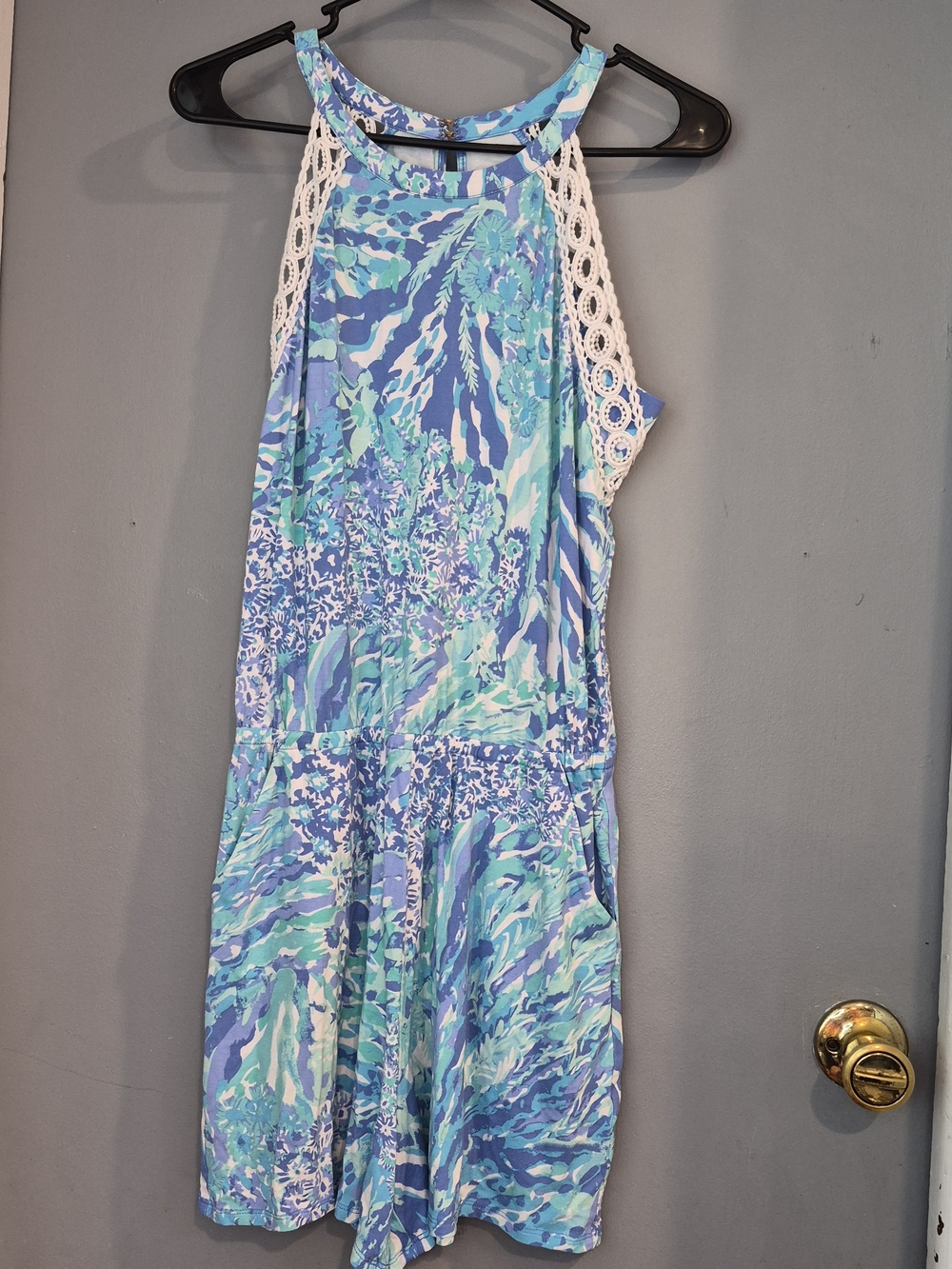 Lilly Pulitzer Floral Print Halter Romper with Crochet Trim Sleeves